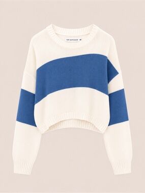 Tory Heartknit Cream and Blue Cropped Stripe Sweater